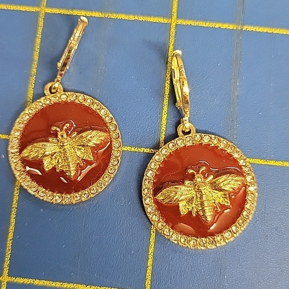 Bee Gold Tone Earrings Enamel Red Burgundy